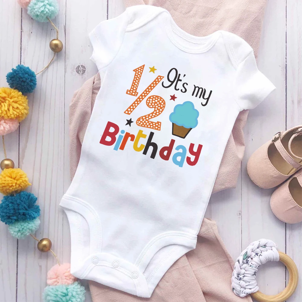 Pakaian Romper Motif kue ulang tahun 1/2, pakaian jumpsuit bayi baru lahir, baju pesta ulang tahun balita, pakaian Romper lengan pendek untuk anak laki-laki dan perempuan