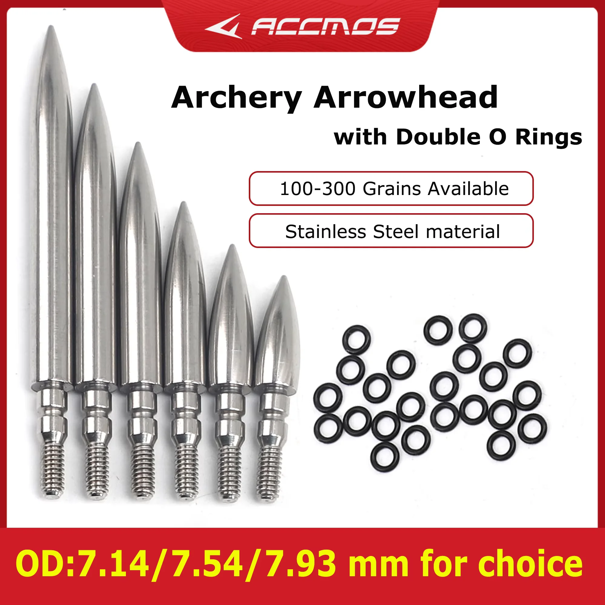 Description Picture 2 of item12PC Archery Stainless Steel Bullet Point Tip 100/125/150/200/250/300grain OD7.14/7.54/7.93mm Arrow Shaft Screw Thread Arrowhead