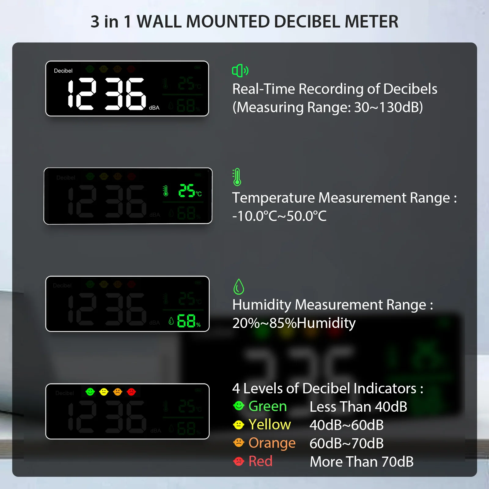Imagem -02 - Medidor de Nível de Som de Decibel Display Led Grande de 11 Polegadas Medidor de Umidade e Temperatura de Ruído com Indicador de Ícones de Alarme Multifuncional