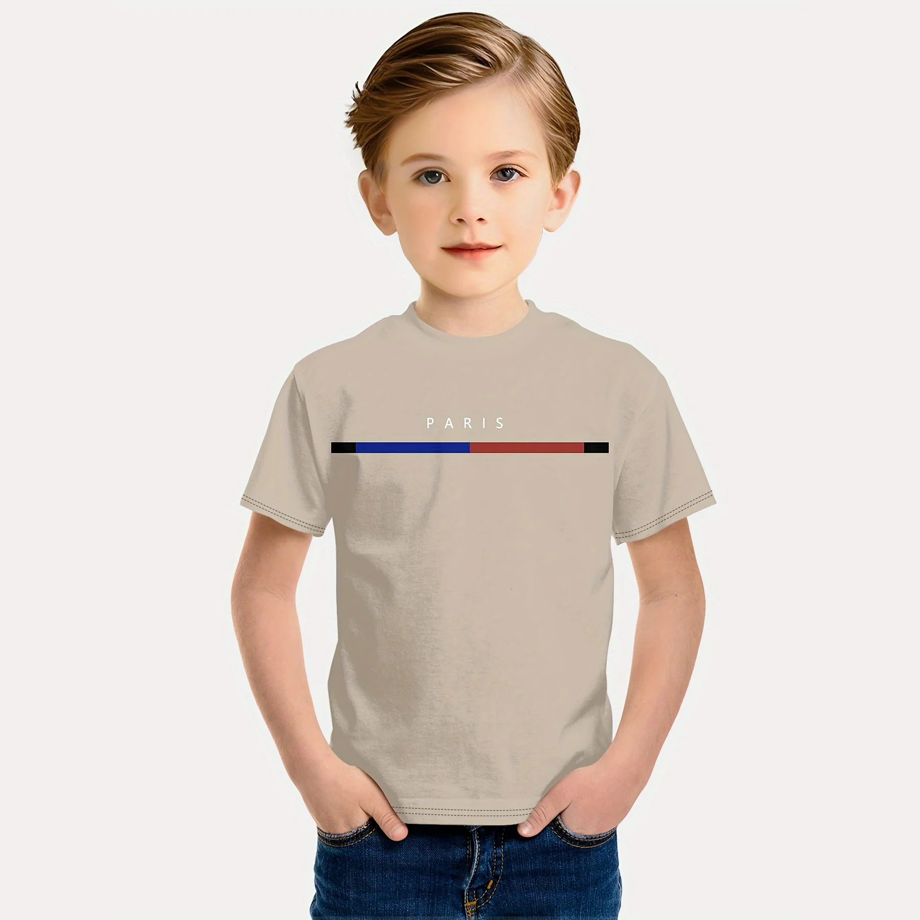 Kids Boys Clothes Simple Paris Letter Print Short Sleeve T Shirt Children Boys 2 to 9 Years Casual Comfortable Tees Children Top