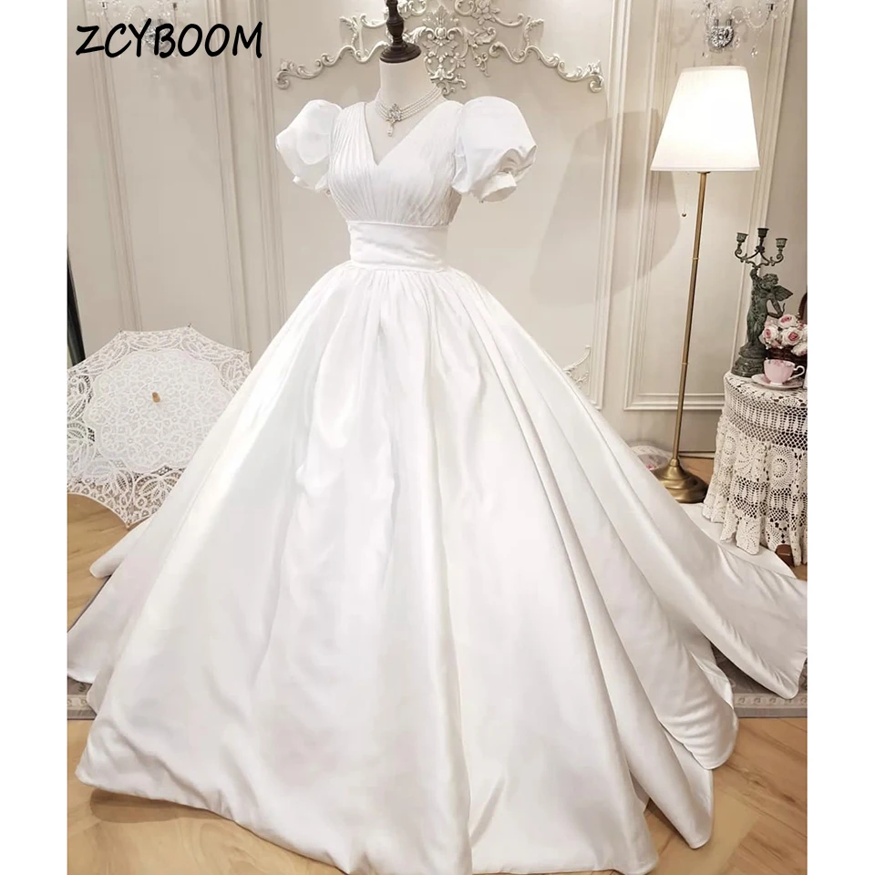 Customized V-Neck Puff Sleeves Backless White Wedding Dress 2024 Ball Gown Floor Length Sweep Train Lace Up Stain Bridal Gown