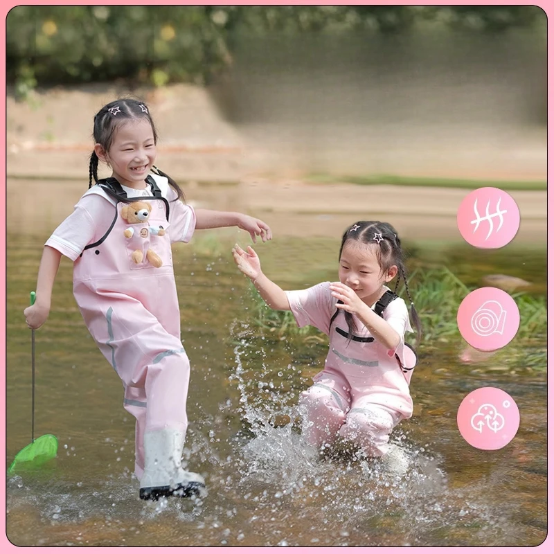 子供用防水ウェーダー全身-釣り用レインパンツブーツ付き-滑り止めビーチハンティングスプラッシュスーツオーシャンパーク