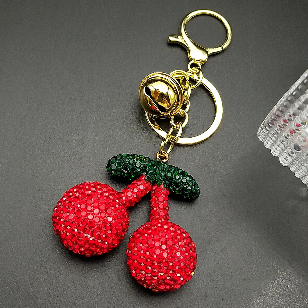 Sweet Fruit Cherry Keyholder For Women Men Blingbling Rhinestone Female Simple Bell Handbag Accessories Keyring Jewelry Gifts
