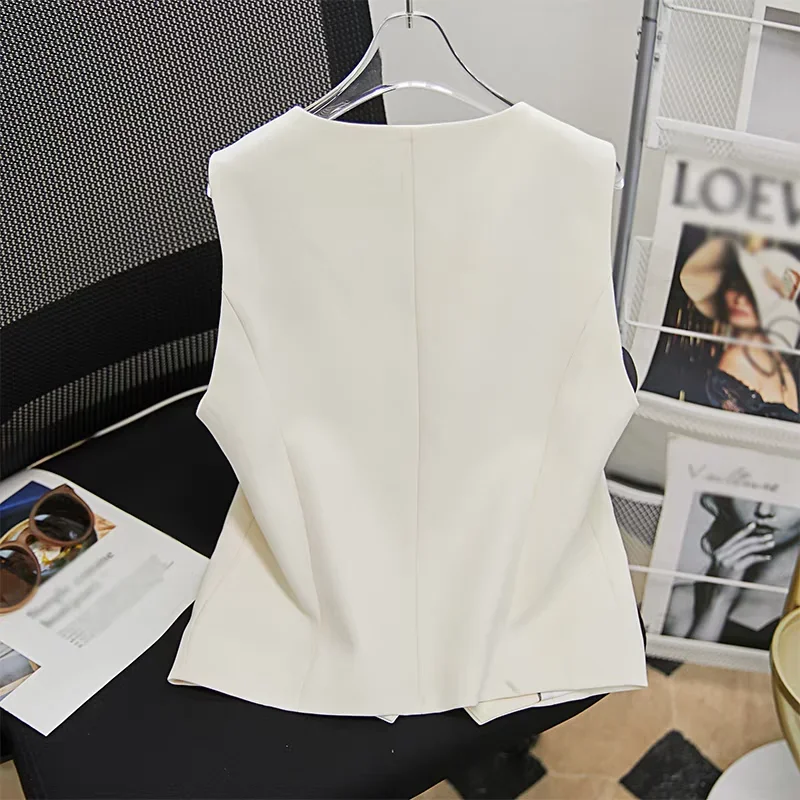 Women Vests Elegant Office Ladies Temperament Single Breasted Simple Korean Fashion V-neck Aesthetic Sleeveless Coats Harajuku