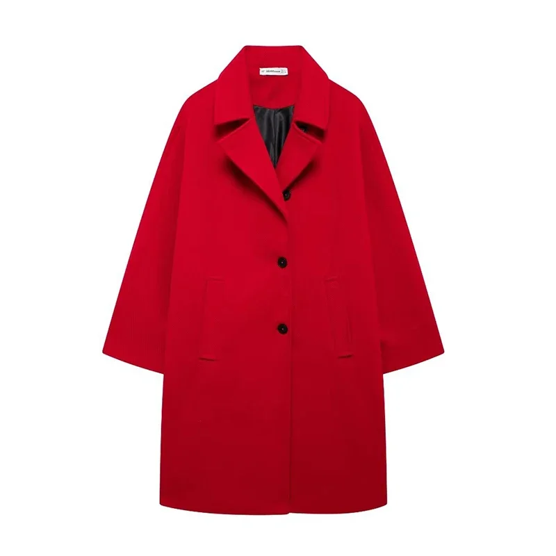 

Women Fashion Red Single Breasted Trench Coats Vintage Lapel Neck Long Sleeves Female Chic Lady Outfits