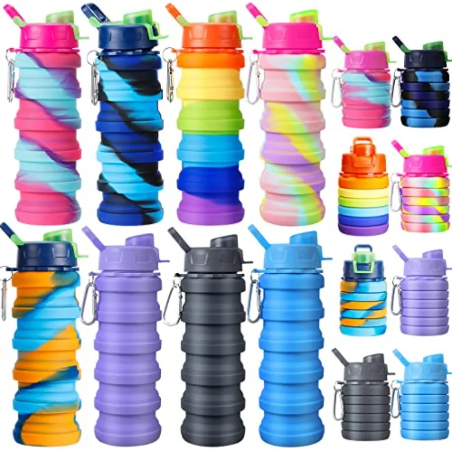 

8 Pcs Collapsible Water Bottles Silicone Travel 16 oz Reusable Leakproof Foldable Water Bottles with Clip for Camping Hiking Cy