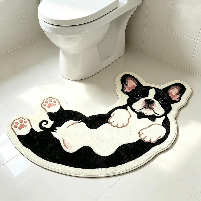 Cute Lying Cow Print French Bulldog Shaped Rug Cartoon Black White Bulldog Plush Carpet Home Bathroom Entrance Soft Foot Mat