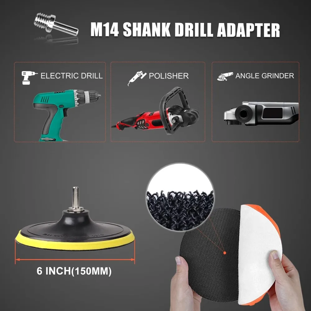 6 Inch Car Polishing & Buffing Sponge Pads Kit Wool Bonnet Pads for Household Electric Drill and Auto Polisher with 8mm M14 Drill Adapter for Washing Cleaning Waxing Dusting, 11PCS view 6