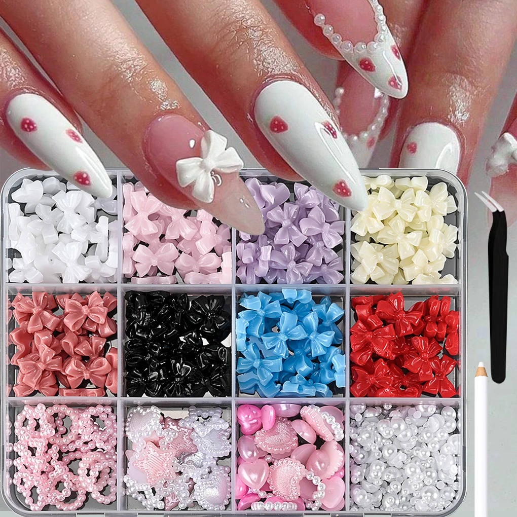 2025 Nieuwe Gemengde Boog Lint Nail Art Hars Bedels Vijf-bloemblaadje Bloem Uitgeholde Parel Set Sieraden DIY Nail Art accessoires
