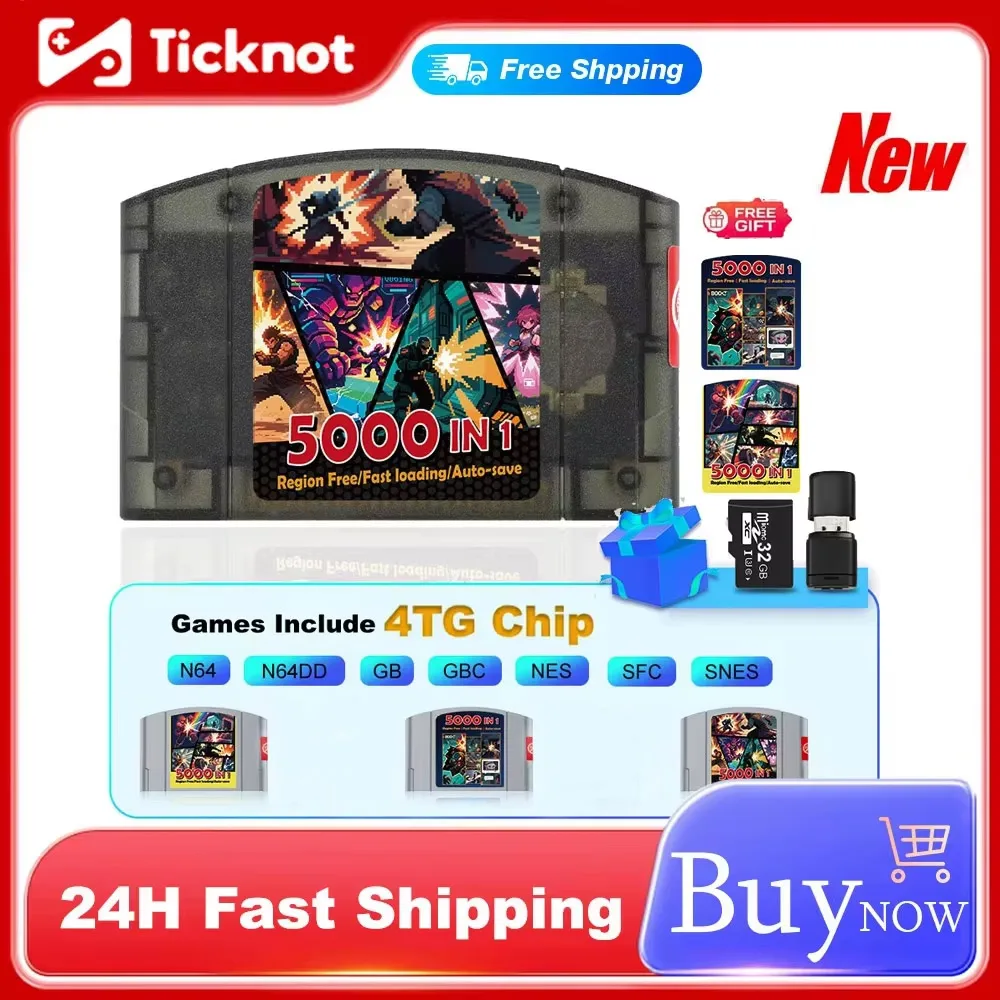 Chariot de jeu pour Console Nintendo 64 N64, cartouche de jeu avec carte TF de 32 go, Cassette de jeux 5000 en 1, sans restriction de régions