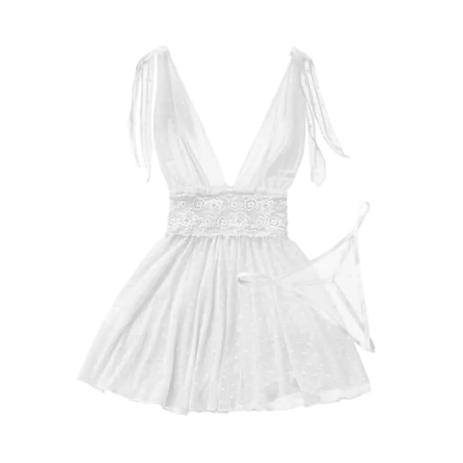 

Foxiny Sexy V Neck Slip Mesh Polka Dots Floral Lace Sheer Exotic Babydoll Lingerie Dress 2 Pcs