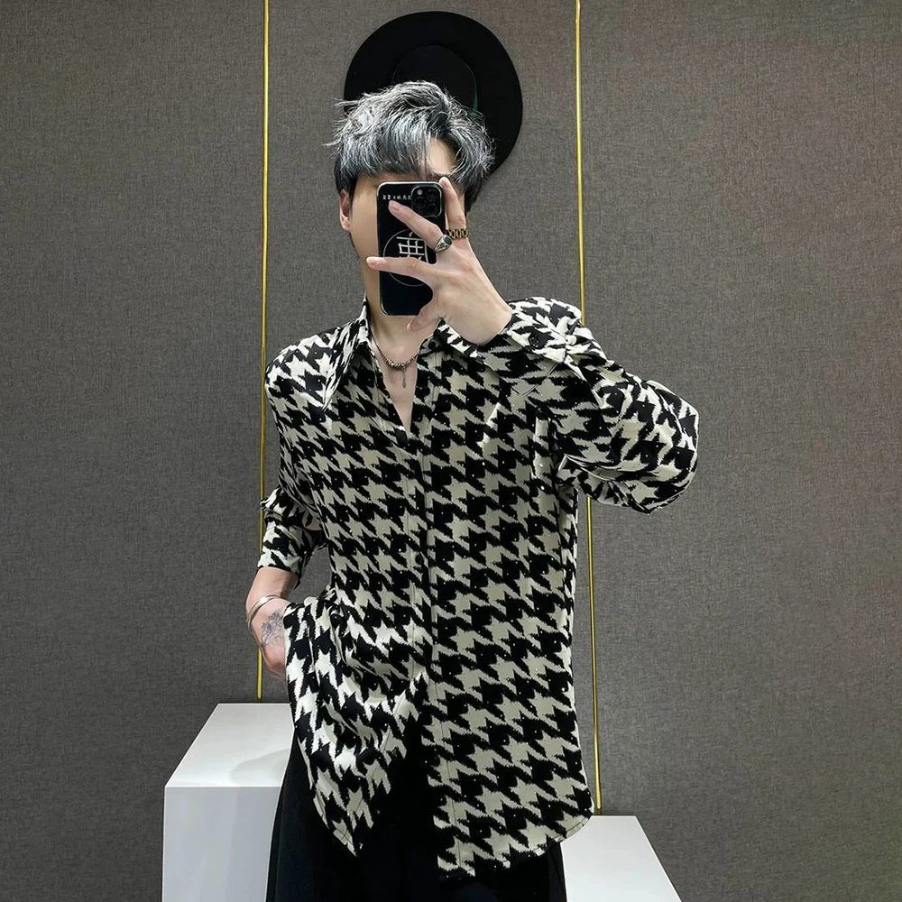 

Summer New Men's Houndstooth Hot Diamond Long-Sleeved Shirt Light Luxury Retro Fashion Trend High Street Loose Niche Men's Tops