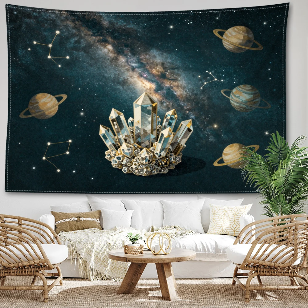Deep Blue Galaxy Crystal Constellation Planet Wall Tapestry, Cosmic Decor