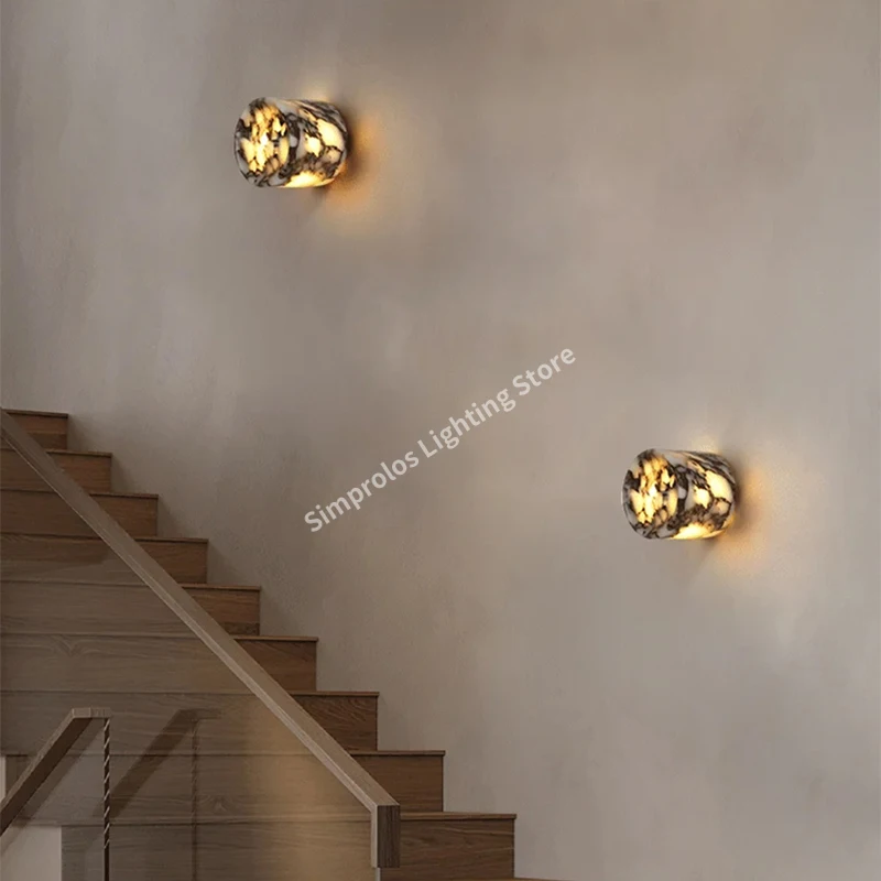 Natural Marble Wall Lamp Bedroom Bedside LED Cylindrical Luxury Stone Light High-end Living Room Staircase Hallway Wall Sconce