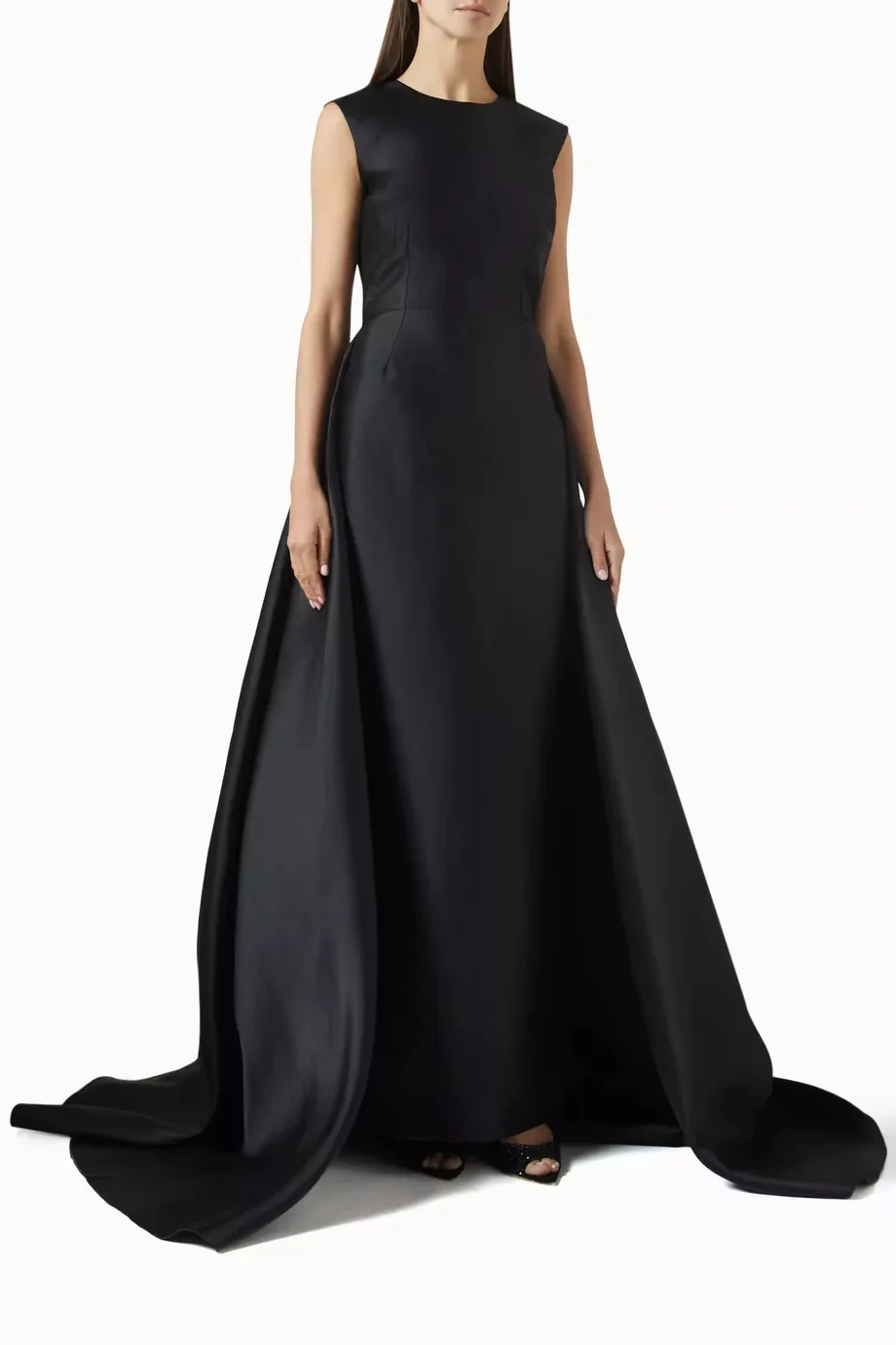 Black sleeveless floor length evening gown with elegant sweeping train, simple sleek design. Custom size and color available. Gr