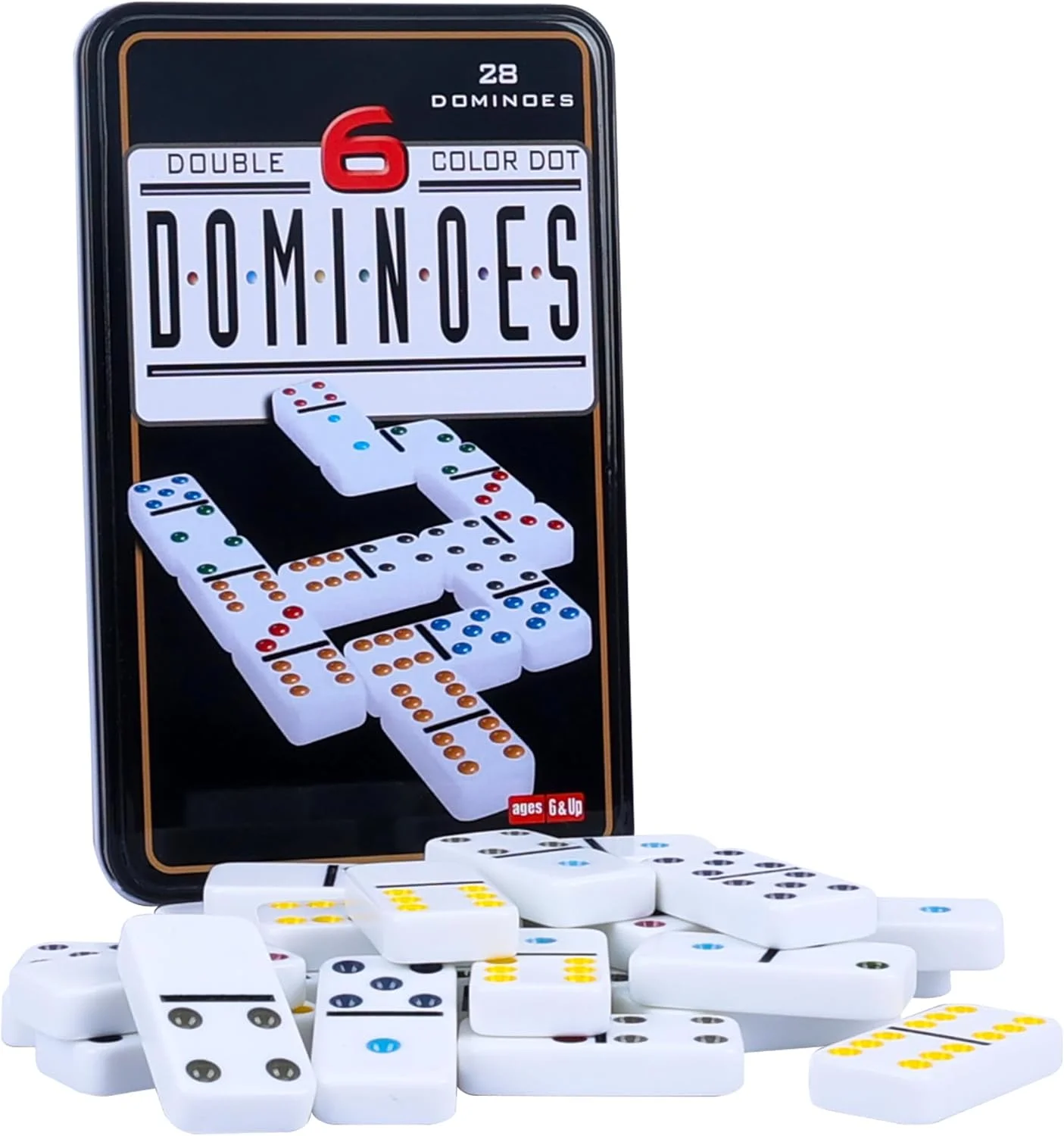 Ensemble de 6 dominos doubles pour adultes avec boîte de rangement en fer blanc, ensemble de jeux de dominos à points colorés de 28 carrelage pour cadeau de nuit en famille, jeu de voyage