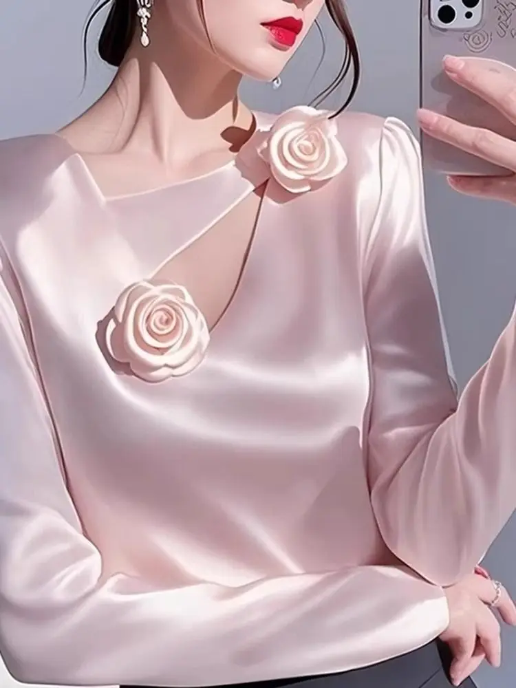 Rose chest flower ribbon shirt for women in autumn 2024, new professional commuting French style collar long sleeved top