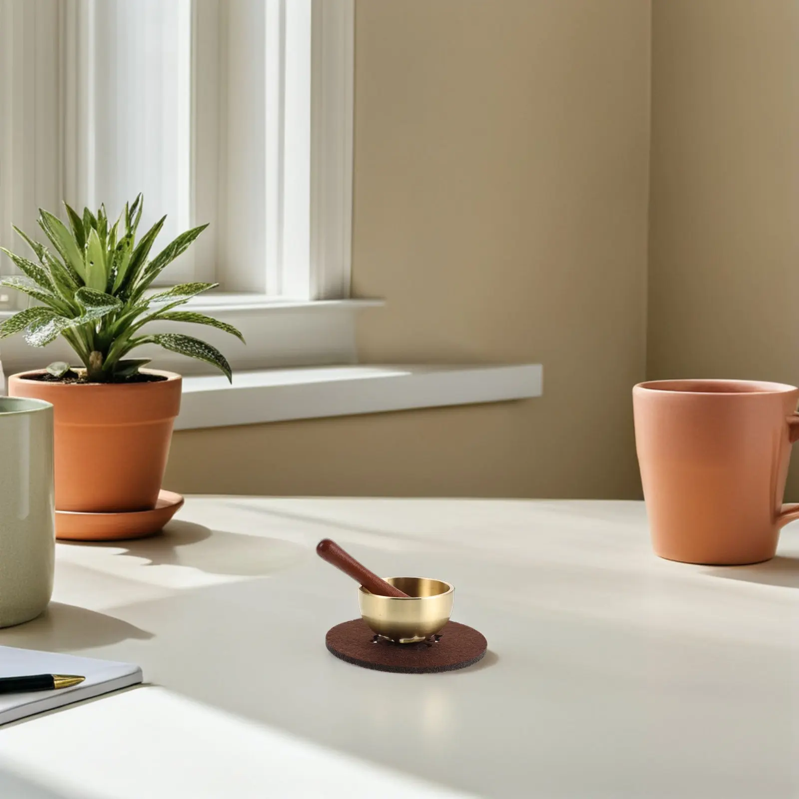 1 Ensemble Mini Bol Chantant en Laiton, Cloche de Méditation Portable de 1,6 Pouce, avec Coussin et Batte en Bois, pour la Relaxation, le Yoga et la Pleine Conscience