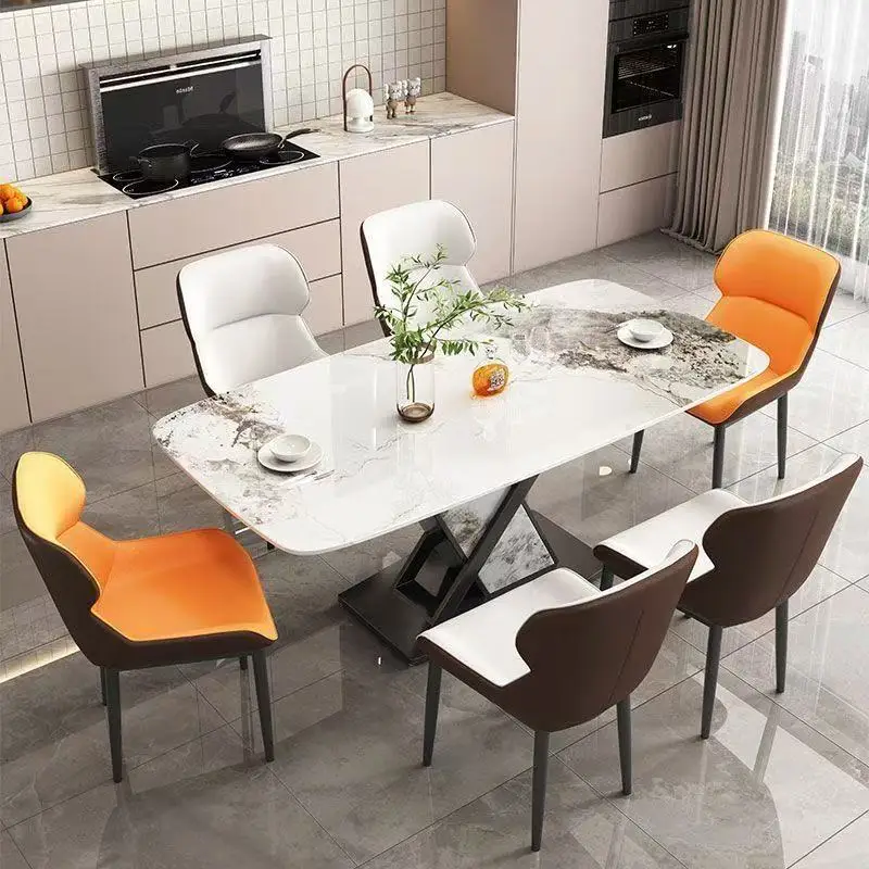 Modern Simplicity Rectangular Sintered Stone Dining Table with Metal Legs Two-Tone Chairs 6-Seater for Home or Restaurant Use