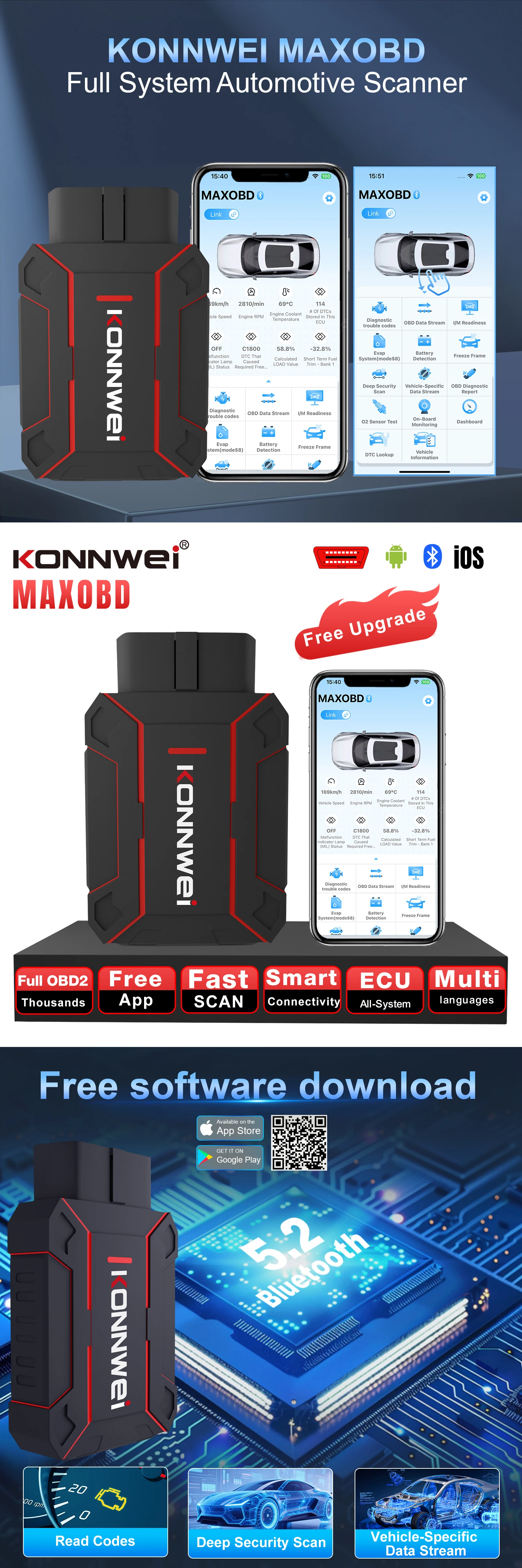 KONNWEI MAXOBD Bluetooth OBD2 Scanner Auto-Motorcode-Lesegerät Kfz-Diagnosegerät Unterstützt Android iOS Alle OBDII Benzinfahrzeuge – Detail 1