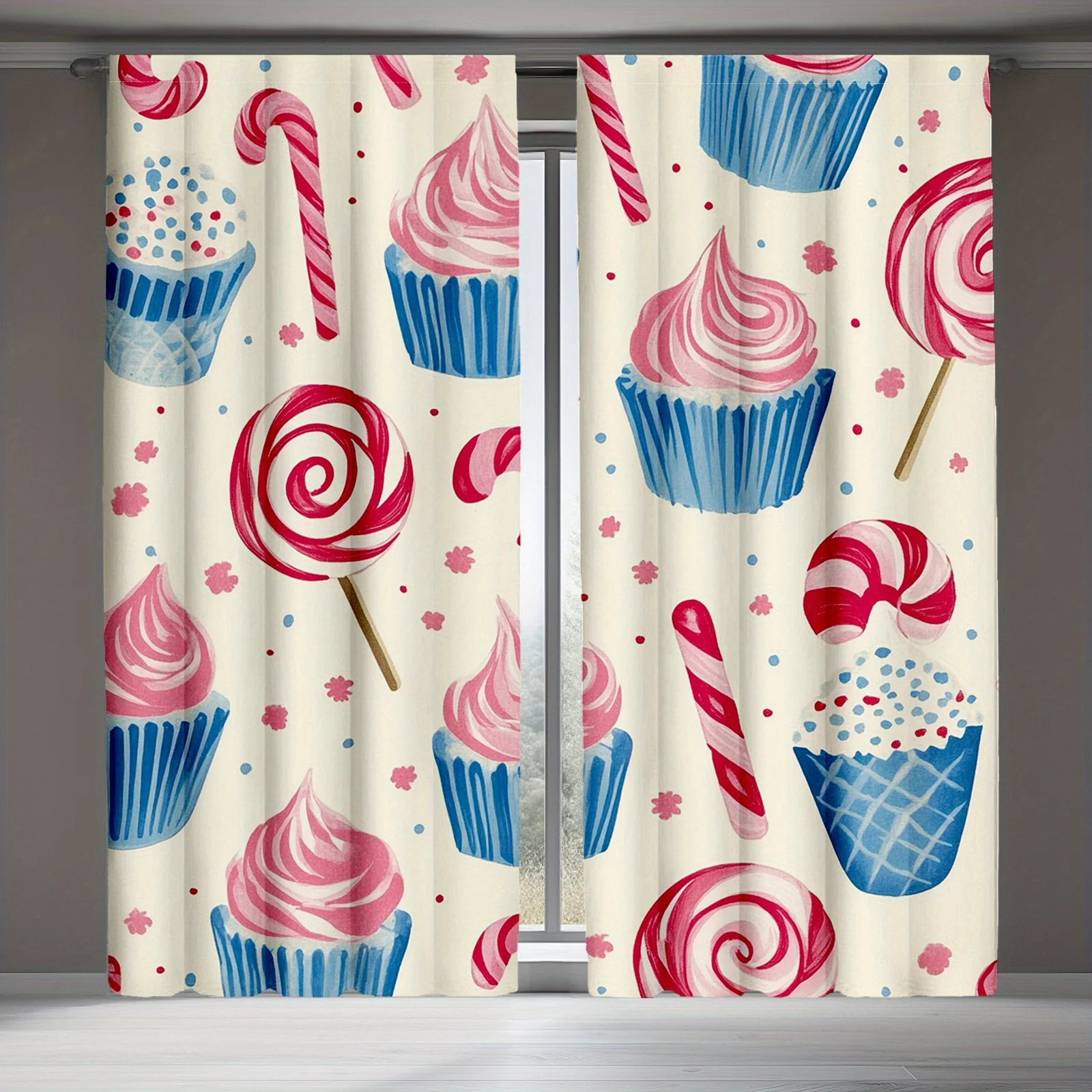 Sweet Cupcake Candy Print Curtains, Pink Blue Dessert Pattern Blackout Drapes for Kids Room, Cute Bakery Theme Home Decor
