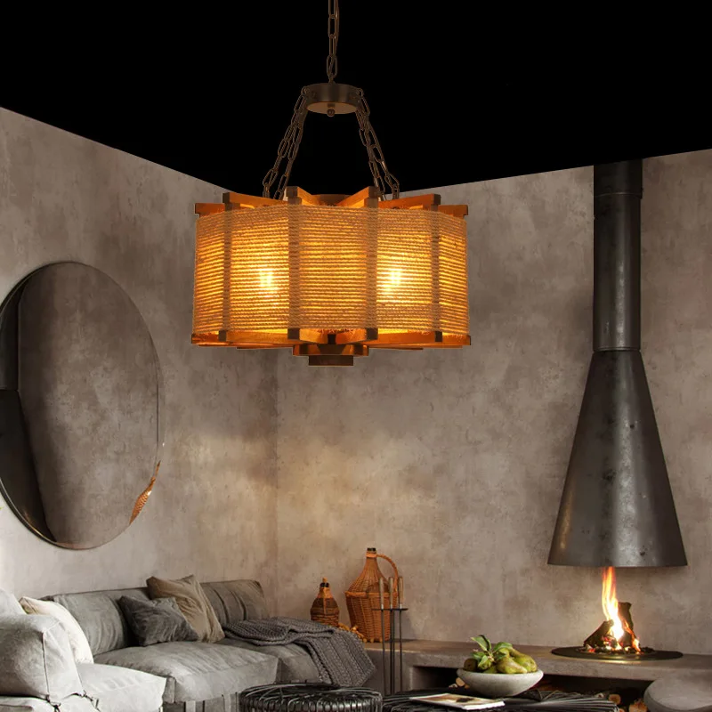 Vintage Industrial Style Hemp Rope Chandelier American Style Rural Coffee Restaurant Bar Creative Personality Solid Wood Lamp