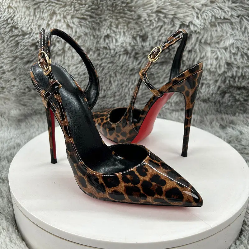 New Leopard Print Pointed Toe High Heels Petite Women Comfort Stylish French Style Pairing With Skirts Red Sole Womens Sandals