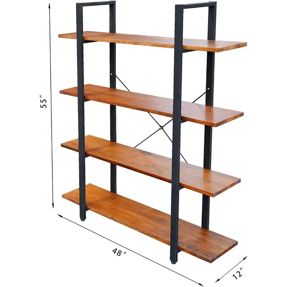 Industrial Open Rustic Bookcase, Display Storage Shelf, Poplar Solid Wood, 4 Tier Bookshelves, Modern