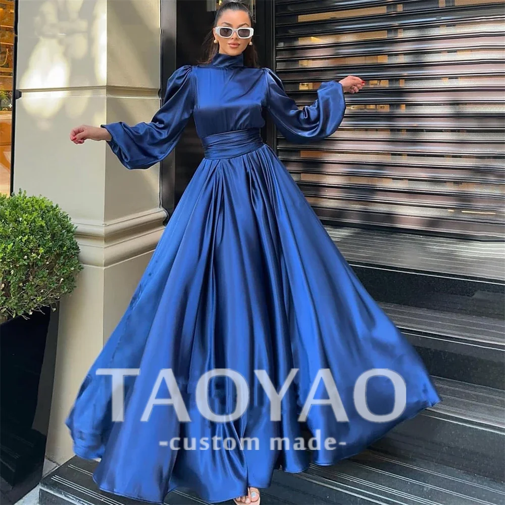 Elegant Blue Satin Evening Dresses High Neck A-Line Long Puff Sleeves Formal Prom Dress Bridesmaid Party Gowns For Wedding