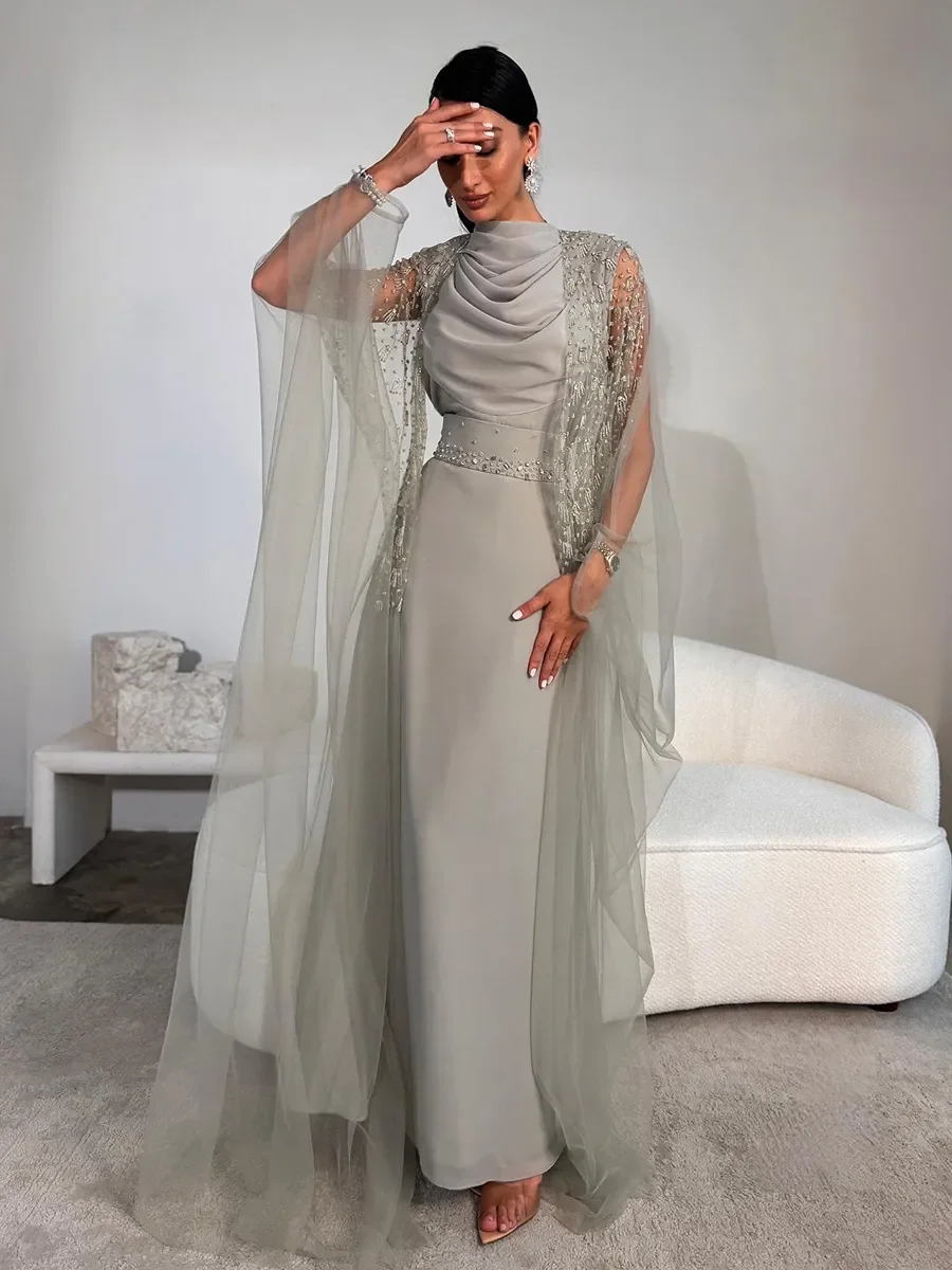 

Customized Elegant Grey Womens Prom Dress with Jacket Draped High Neck Bodycon Formal Dress Beaded Two Pieces Saudi Arab Eveing