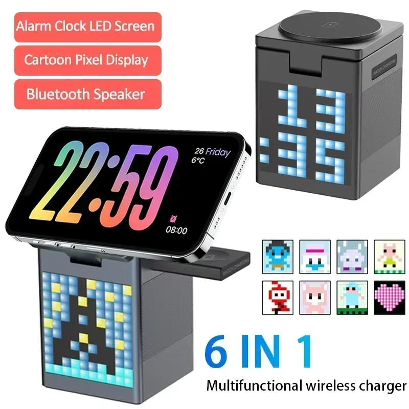 6 in 1 Magnetic Wireless Charger Stand Bluetooth Speaker Alarm Clock For iPhone 16 15 14 13 12 Pro Max Airpods Pro Apple Watch