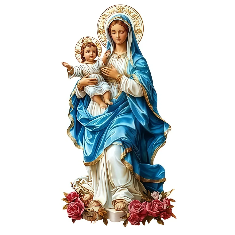 

Virgin Mary with Rosary Vinyl Sticker Religious Decal Mary& Beads Design Durable Blue& Golden Icon for Cars Trucks SUVs