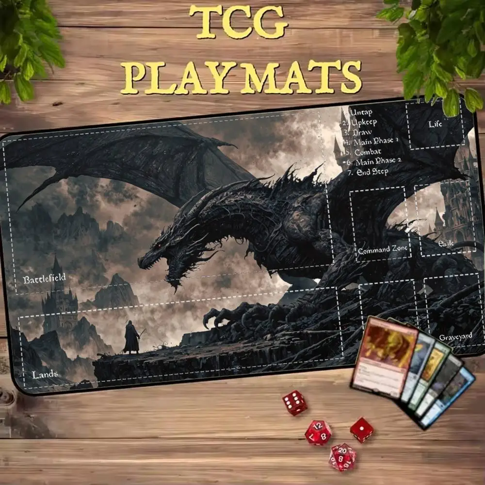 Dark Fantasy Black Dragon Knight Castle Battle TCG Playmat 35X60CM MTG Duel Mat Non-Slip Stitched Edge Large Desktop Playmat