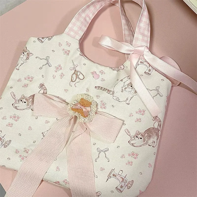 Sweet Cat Floral Print Student Handbag Lovely Girl Tote Bag Large Capacity Big Square Shoulder Bag Handbags