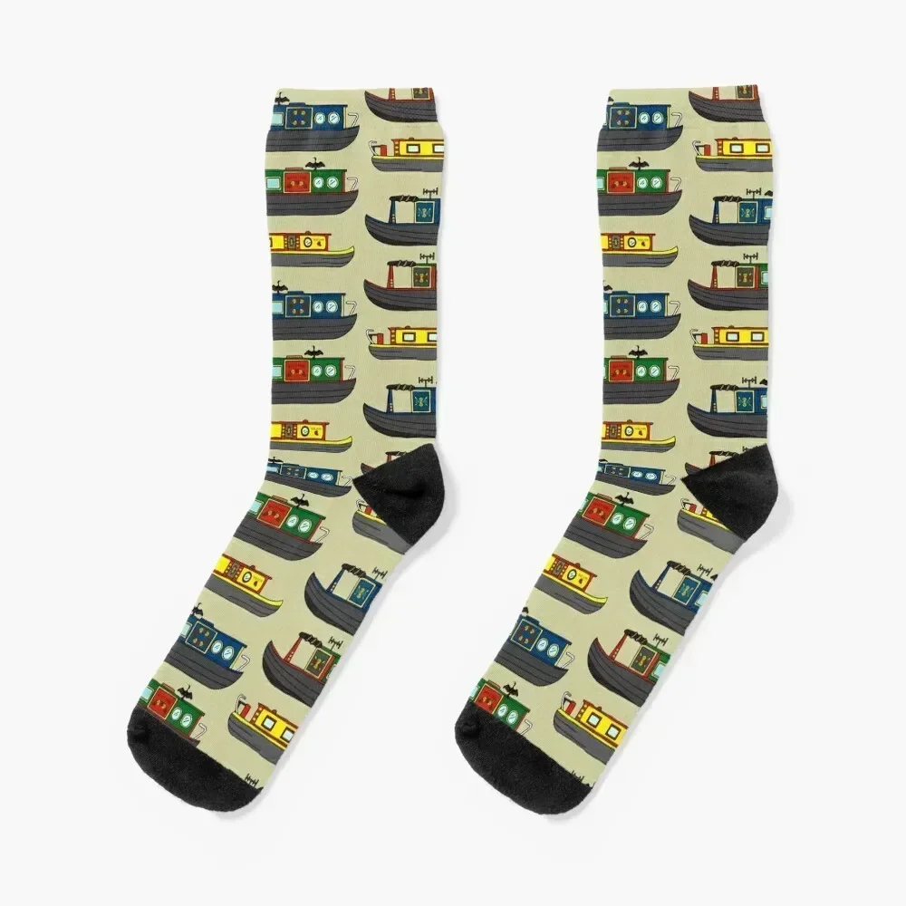 

Colourful Canal Narrowboats and Cormorants Socks Stockings compression Rugby winter Socks Men Women's
