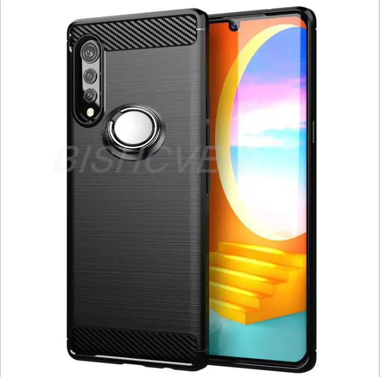 Luxury Brushed Carbon Fiber Phone Case For LG Velvet Velvet LM-G910EMW LMG910EMW Magnetic Ring Holder Cover Case