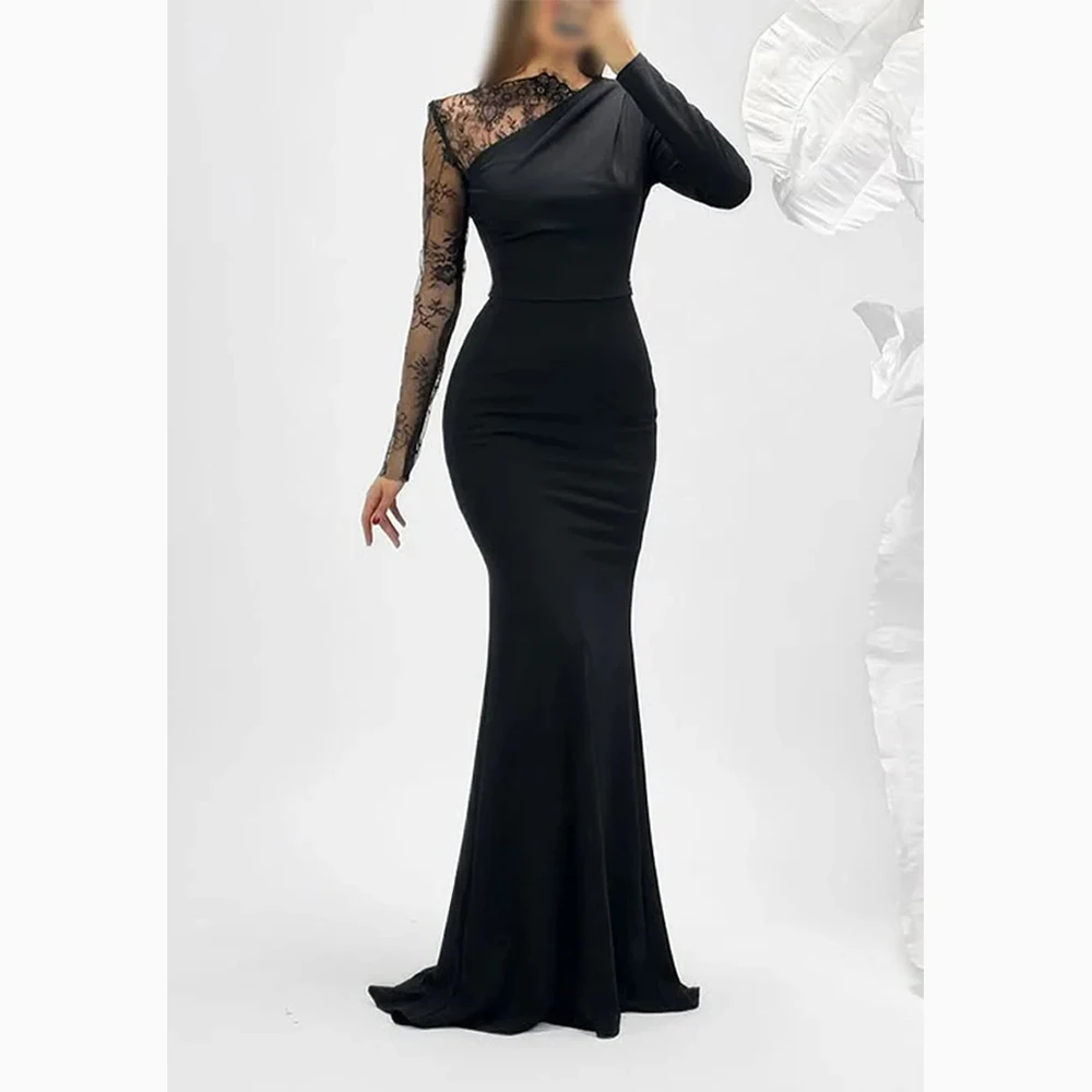 

Black Boat Neck Evening Dresses Floor Length Lace Flower Prom Gown Mermaid Self-cultivation Party Dress Customized 2026