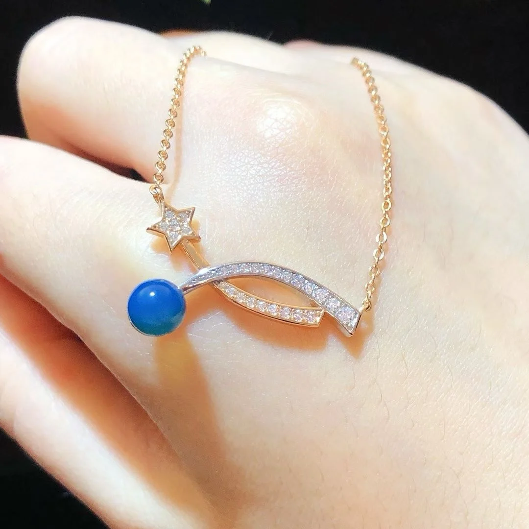 Certificate 925 Silver Natural Dominican Blue Amber Bead Meteor Necklace Women Elegant Jewelry AU750 Rose Gold Star Sun Choker