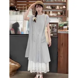 Blue striped short sleeves shirt dress for women's summer new loose mid length skirt casual temperament two-piece set for women