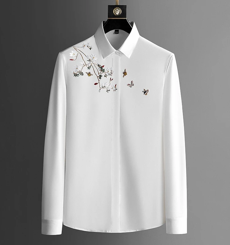 

New 2023 Men's Long Sve irt Embroidered Casual Iron-Free Slim Fit Busin Casual White irt Faionable Urban Sle