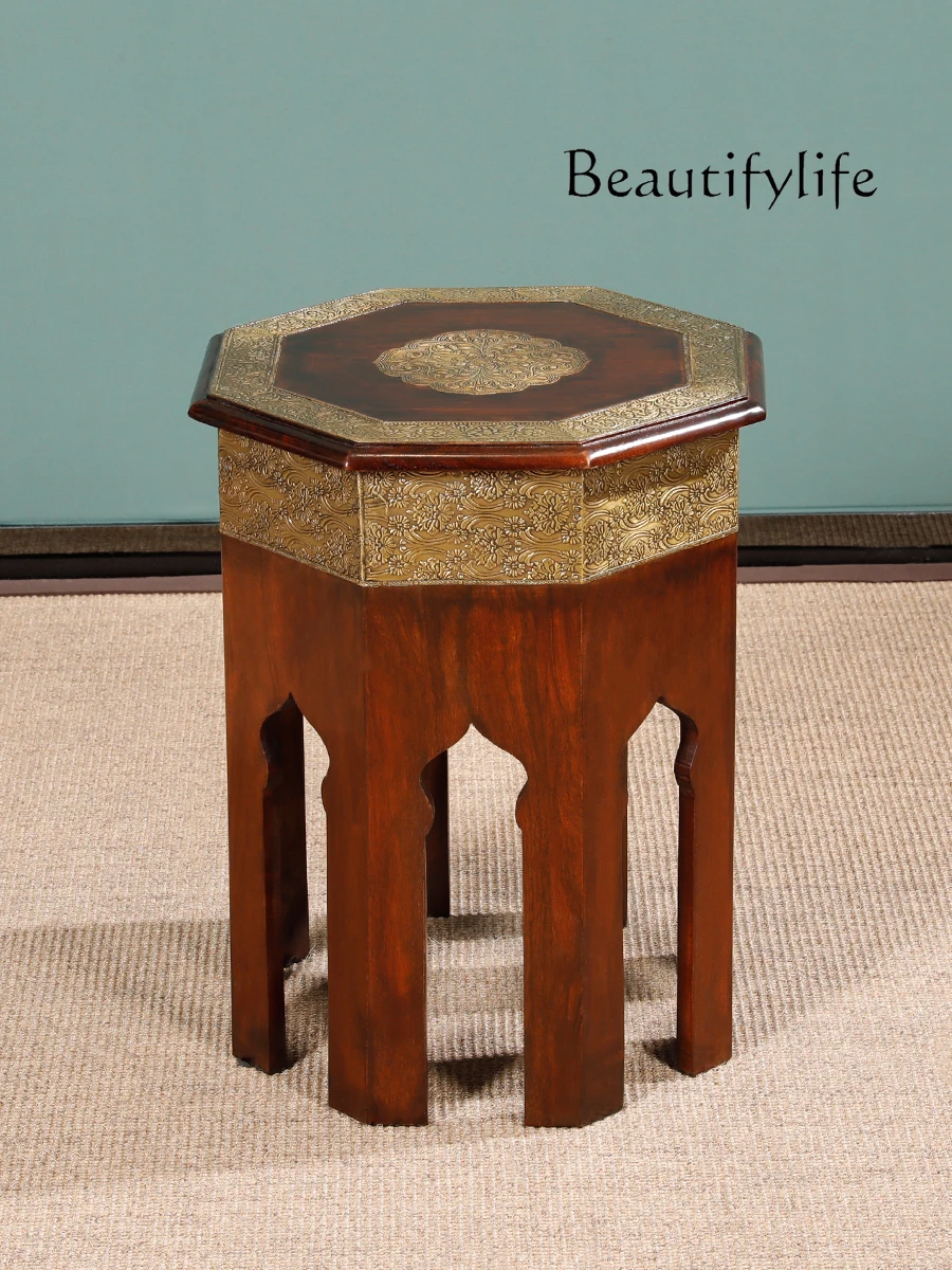 Indian Copper Bag Wooden Craft Stool Log Solid Wood Octagonal Stool Retro Dressing Stool Household