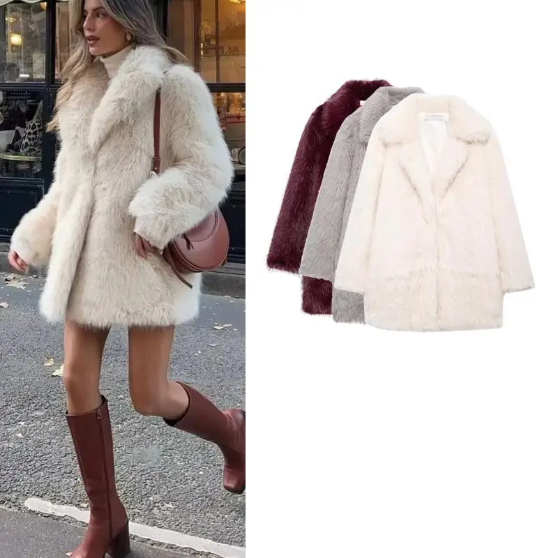 Automne hiver nouveauté femmes longue Sve col rabattu effet fausse fourrure manteau Jaet rue Sle coupe ample longueur moyenne