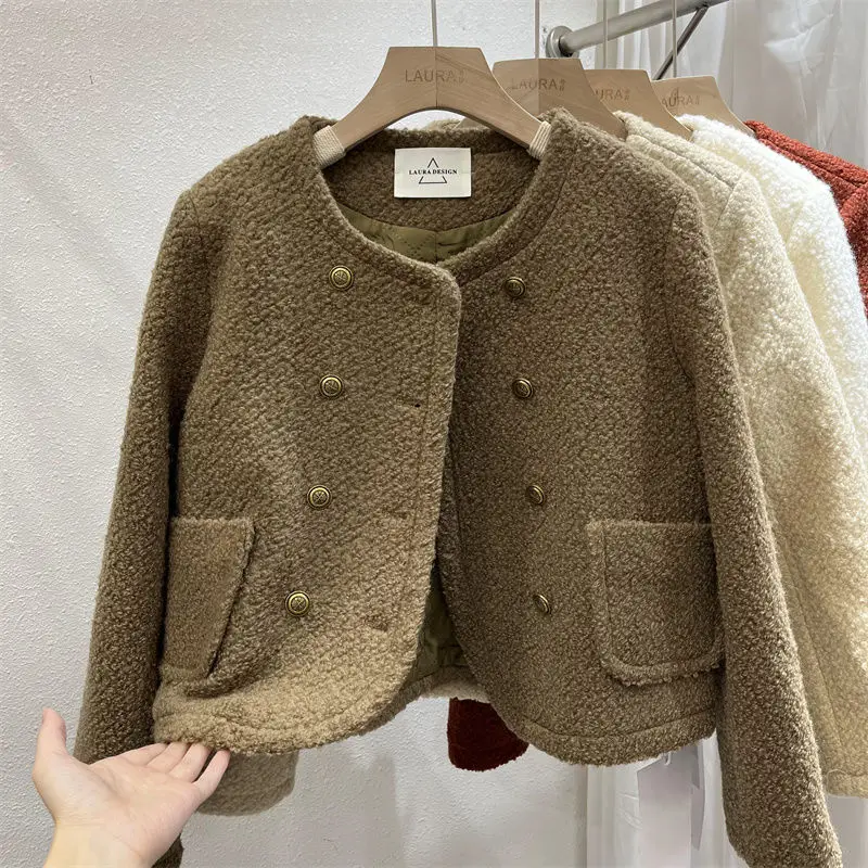 女性の丸いラムウールのコート,短い,秋冬の首のジャケット,高級デザイン,ダブルブレスト,カジュアルな気質,暖かい