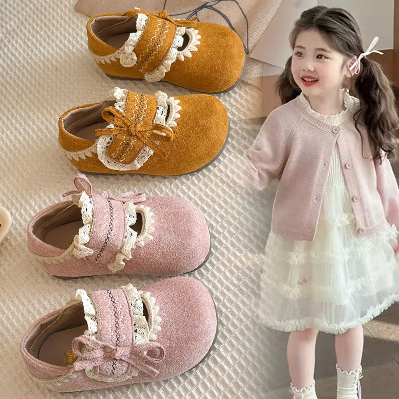

Spring Autumn Comfortable Best Kids Shoes Suede Bow Lace Soft Non-Slip Sole Casual Daily Princess Shoes for Toddler Girls