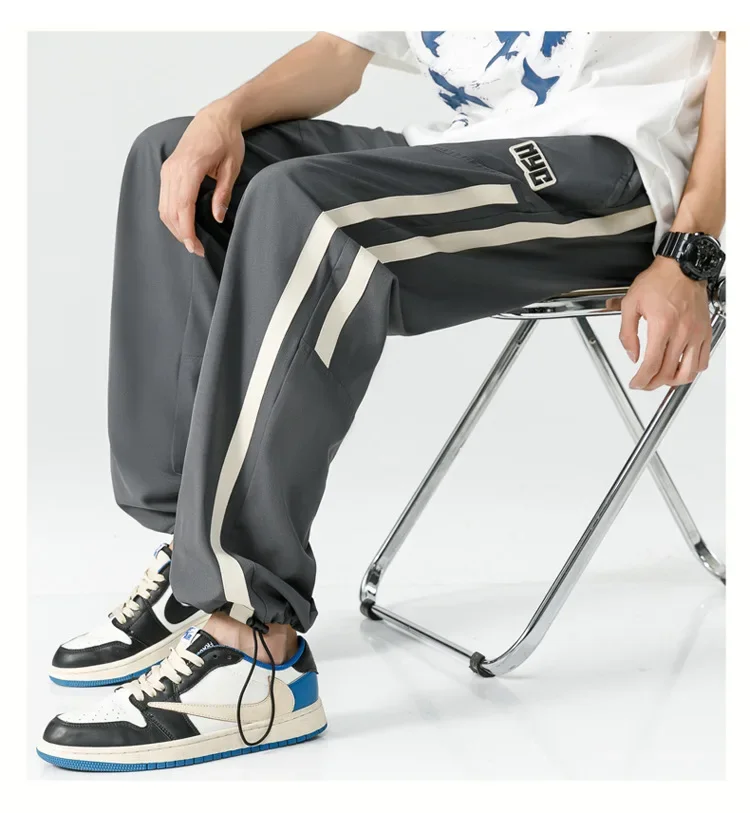 Men Pants Elastic Waist Anti-wrinkle Draping Trousers Summer Loose Striped Long Sweatpants Male Luxury Clothing Streetwear