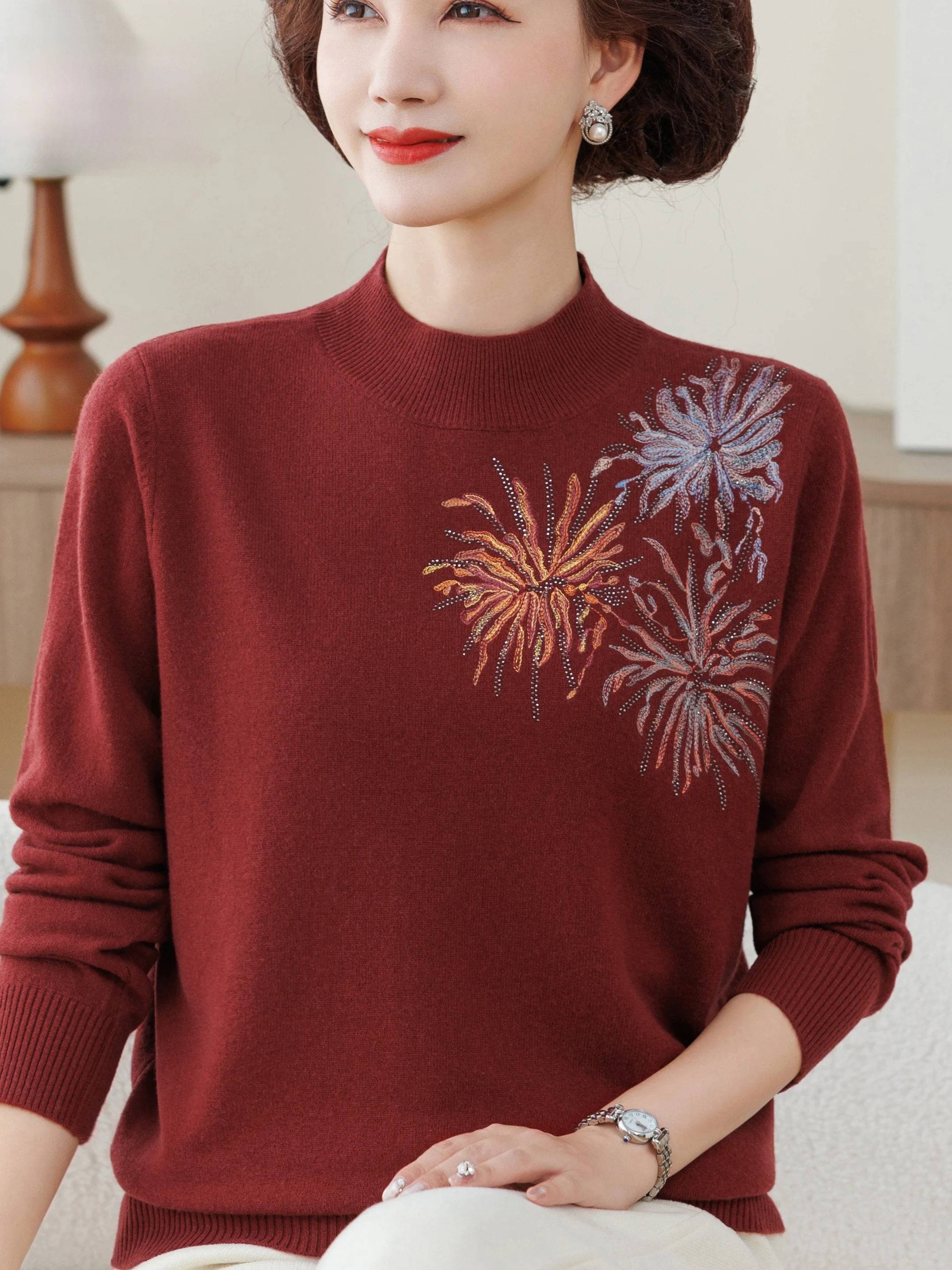 

Шерстяной свитер с высоким воротником, вышитый, базовый слой, модный, осенне-зимний, универсальный, вязаный топ