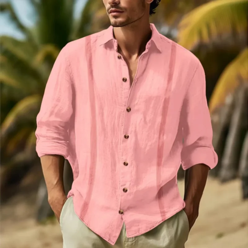 Primavera y otoño nueva camisa de manga larga para hombres retro algodón Lino moda solapa cómodo borde floral cárdigan de color sólido