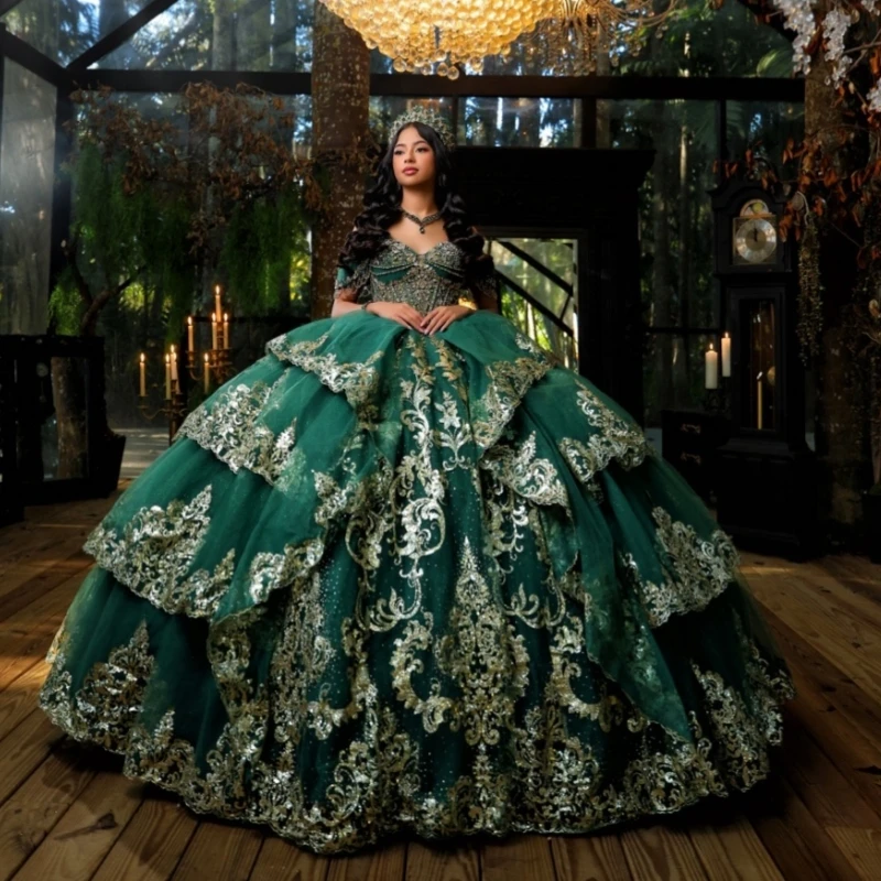 Dark Green Shiny Quinceanera Dresses Ball Gown Off The Shoulder  Gold Applique Lace Beading Crystal Bow Tull Party Birthday Swee