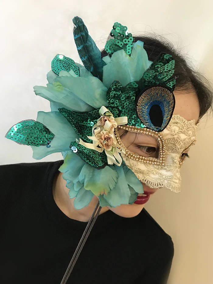 

Mask Gold Green Contrast Color Decoration Lace Embroidery Adult Peacock Feather Side Flower Fashion Halloween Stage Accessories