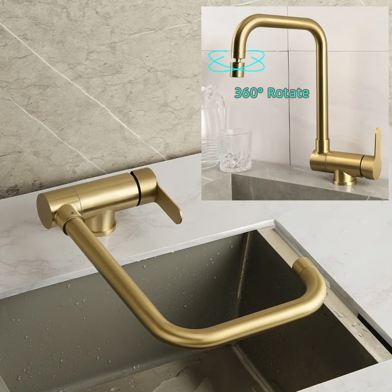 Brushed Gold Inner Window Free Folding Kitchen Faucet 360 Degree Rotate Foldable Tap